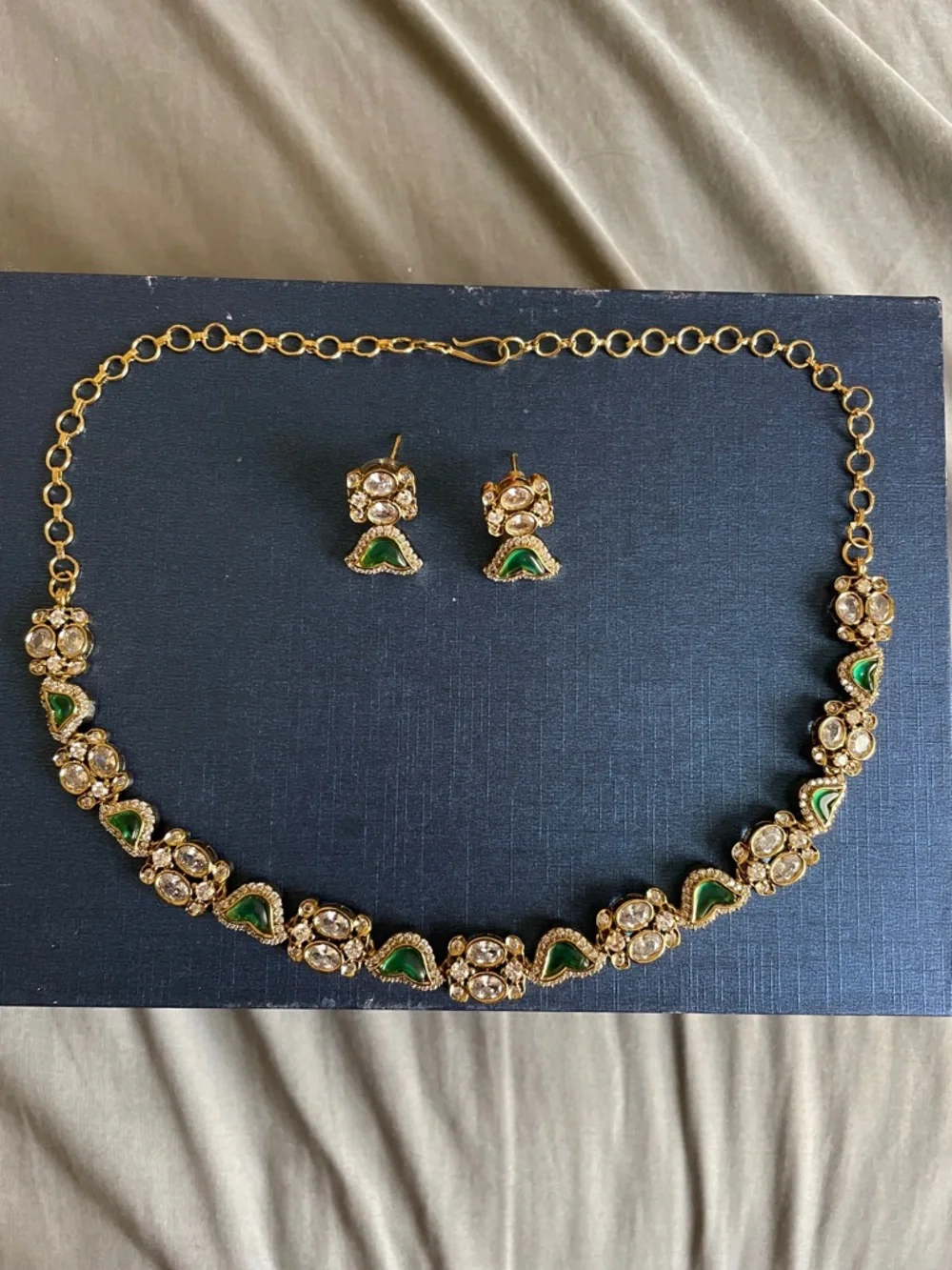 Gold-Tone Green Crystal Floral Necklace and Stud Earrings Set